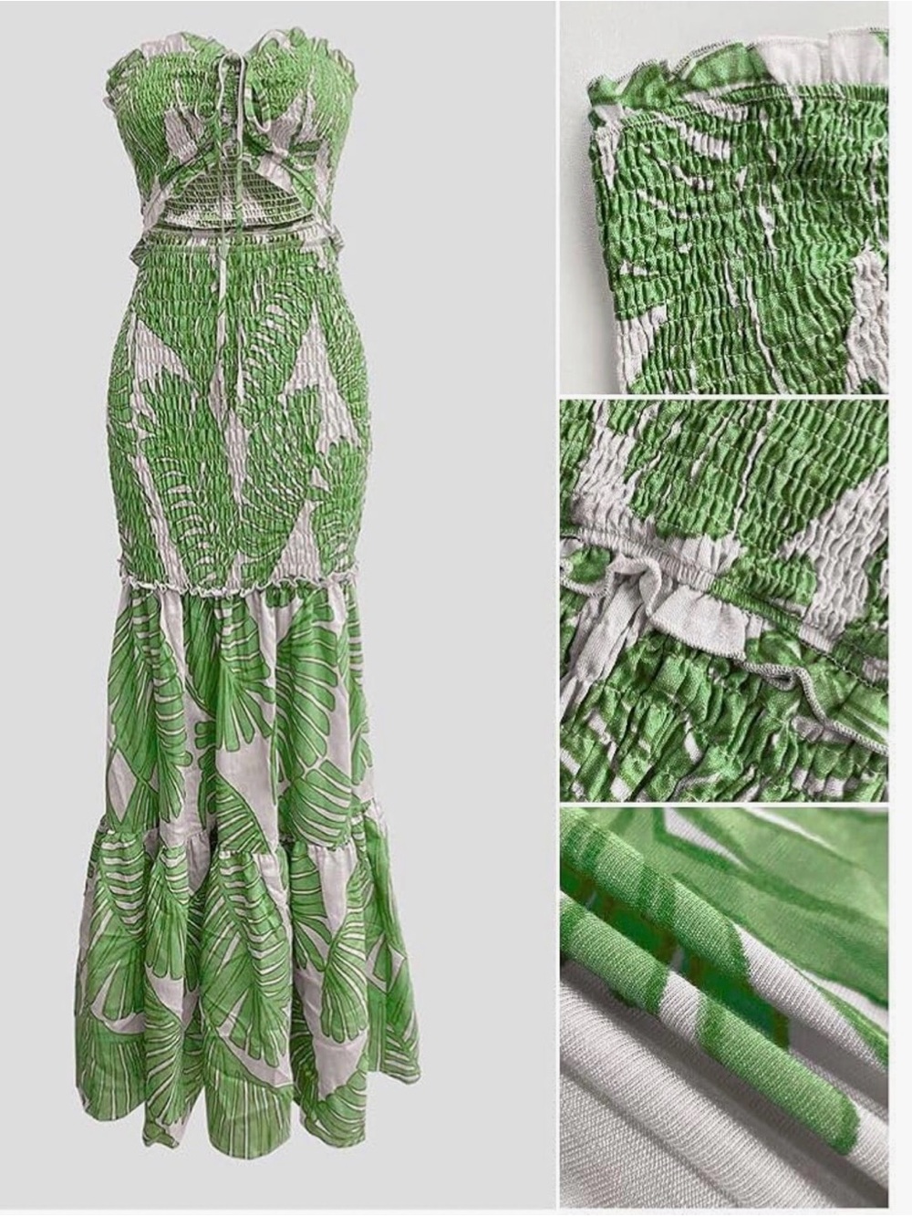Small leaf Print Dress  Ruched Shirred Bandeau Dress Slim Ruffle Hem